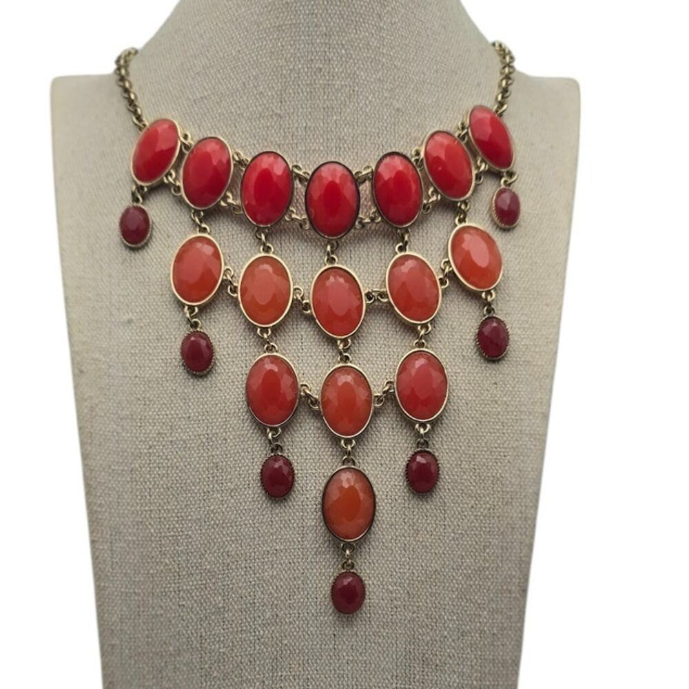 Coral Red Cabochon Statement Necklace Gold Tone Cascading Elegant Glam